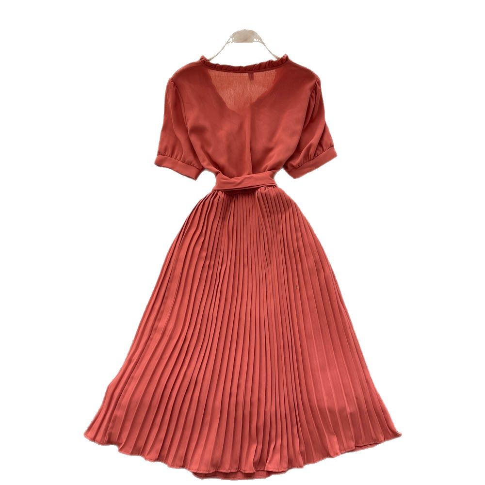 Fashionable Waist-cinching Tie-front Slimming Solid-color Minimalist Dress