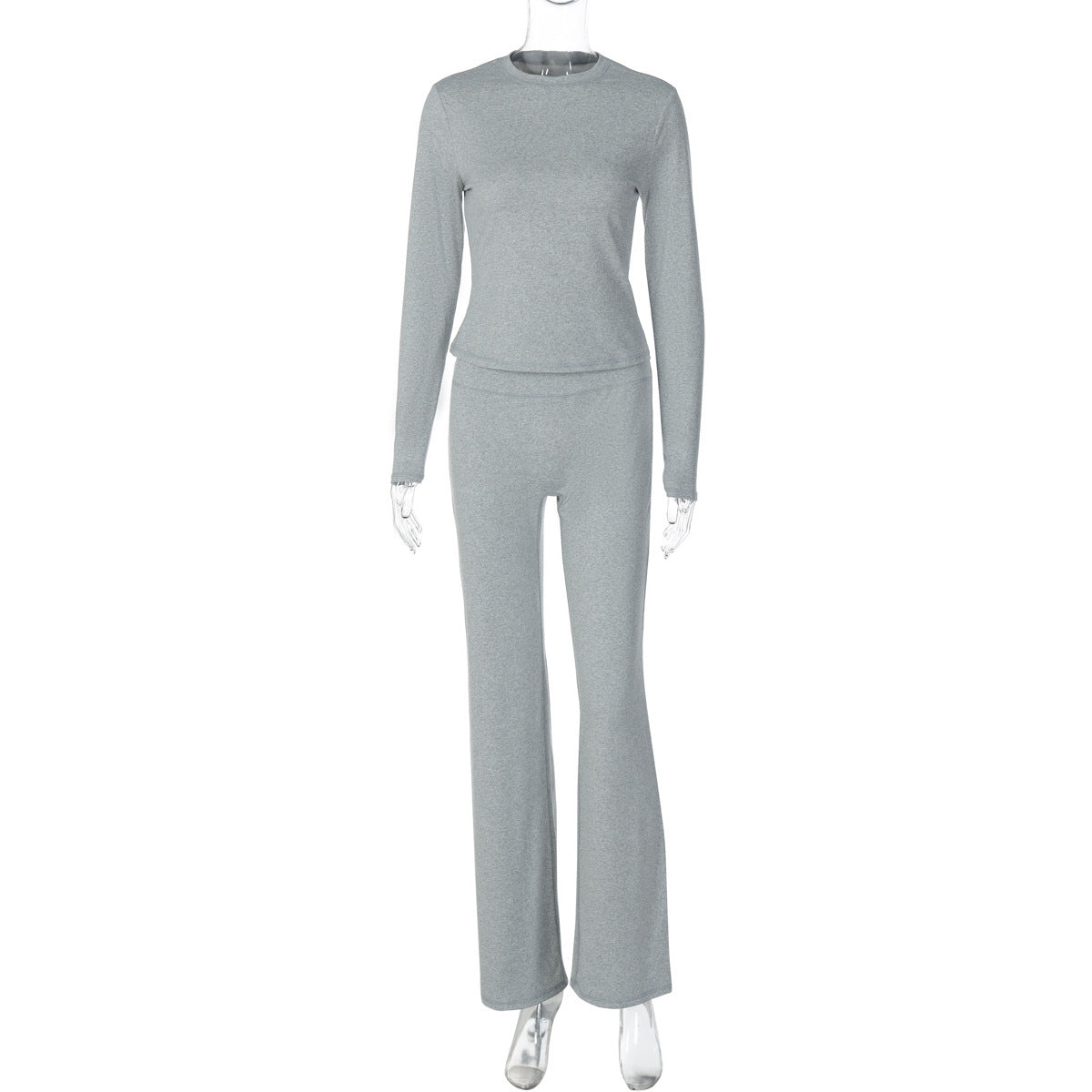 Fashion Casual Crew Neck Top Slim High Waist Bootcut Pants Solid Color Suit