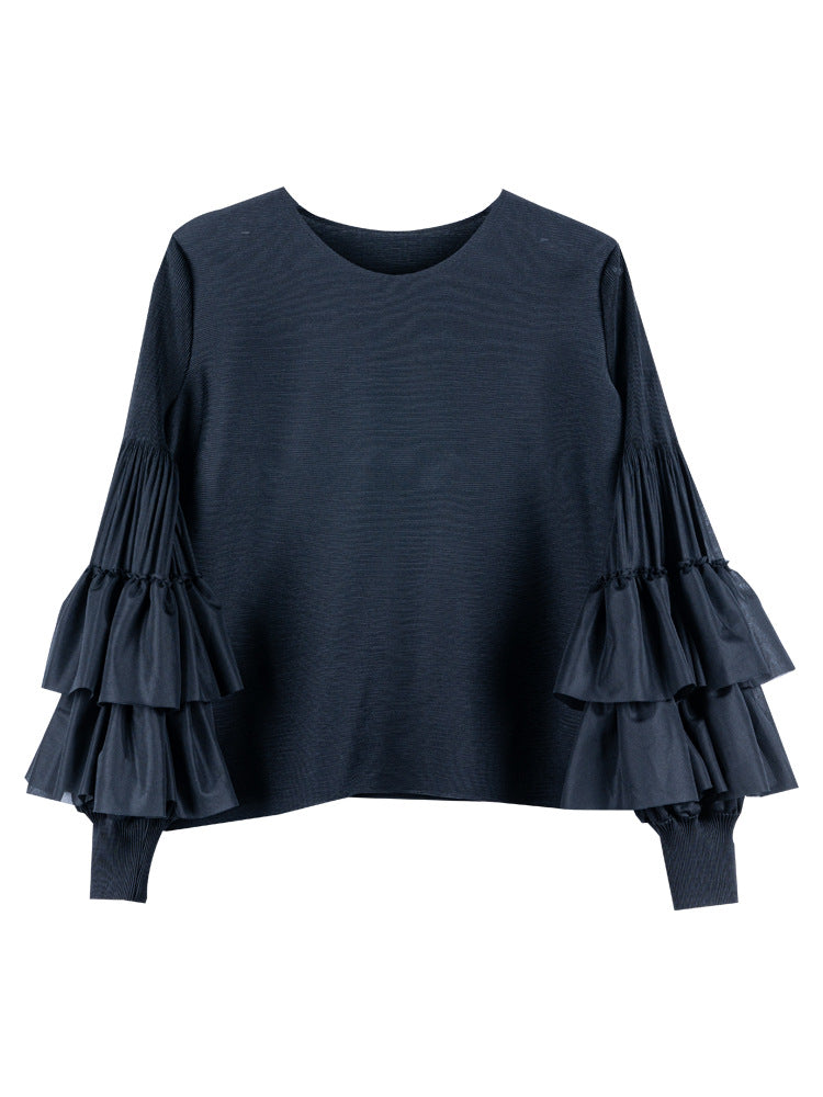 Versatile Ruffled Blouse With Puff Sleeves And A Round Neckline