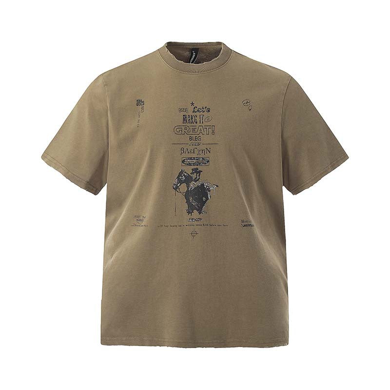 National Fashion American Washed Old Character Letter Print Short-sleeve