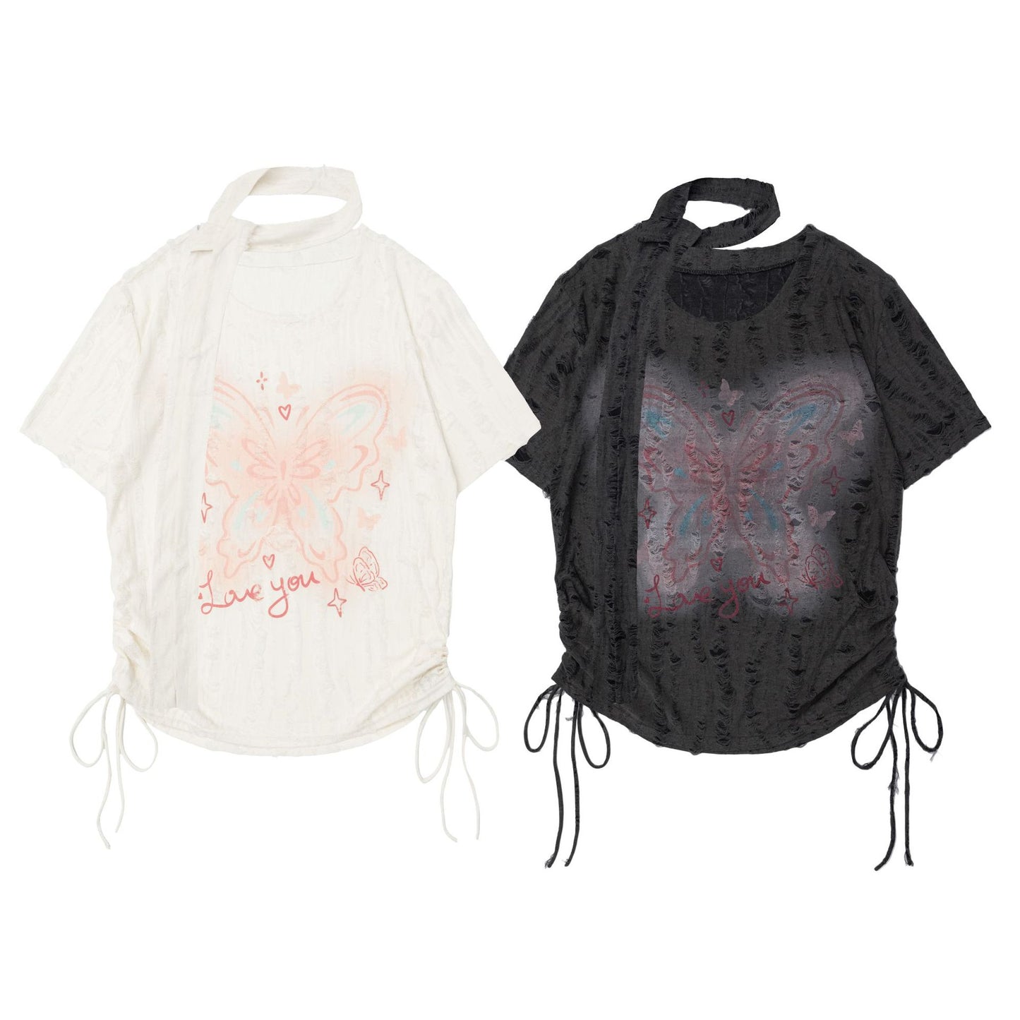 Butterfly Embroidered Korean Drawstring Half Sleeve Top