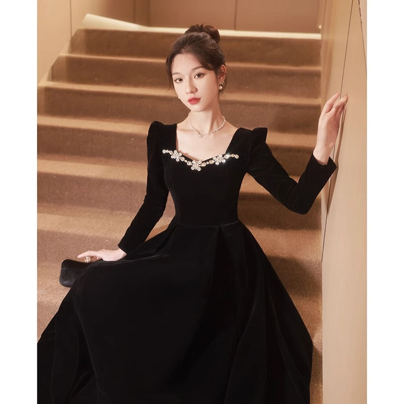 High-end High-end French Style Winter Long Sleeve Evening Dress For Women