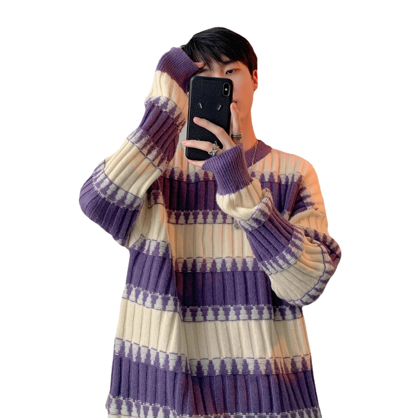 Stribet sweater med kontrastfarver i japansk retrostil