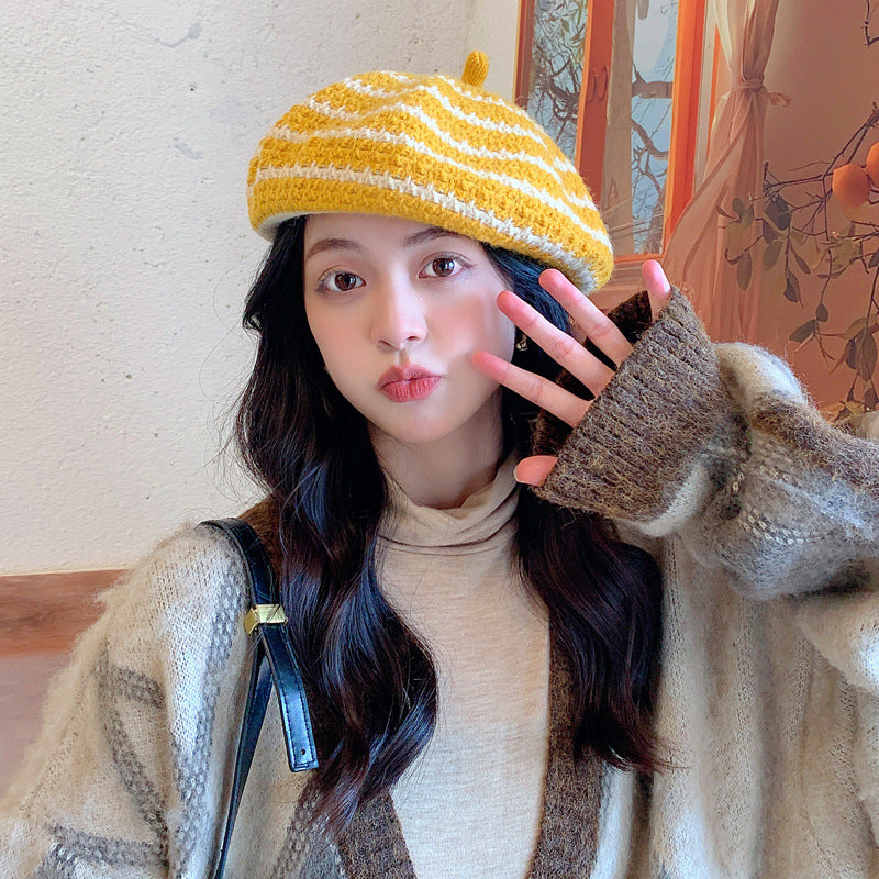 New Women's All-match Knitted Wool Striped Beret To Keep Warm