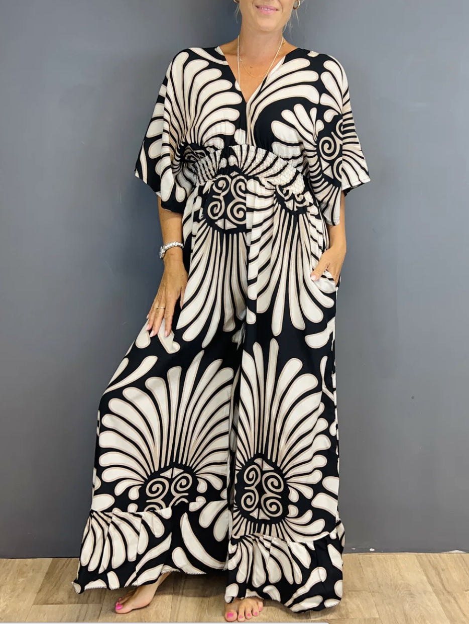V-neck Printed High Waist Plus Size Women's Jumpsuit