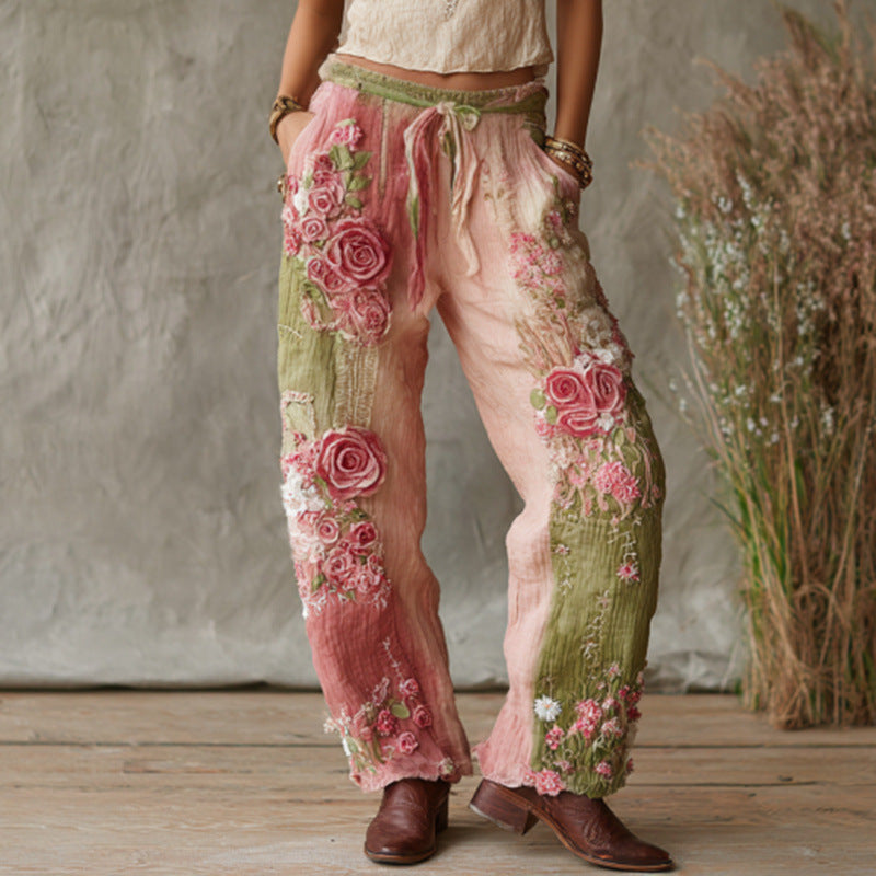 3D Floral Print Pattern Elegant Straight Women's Trousers