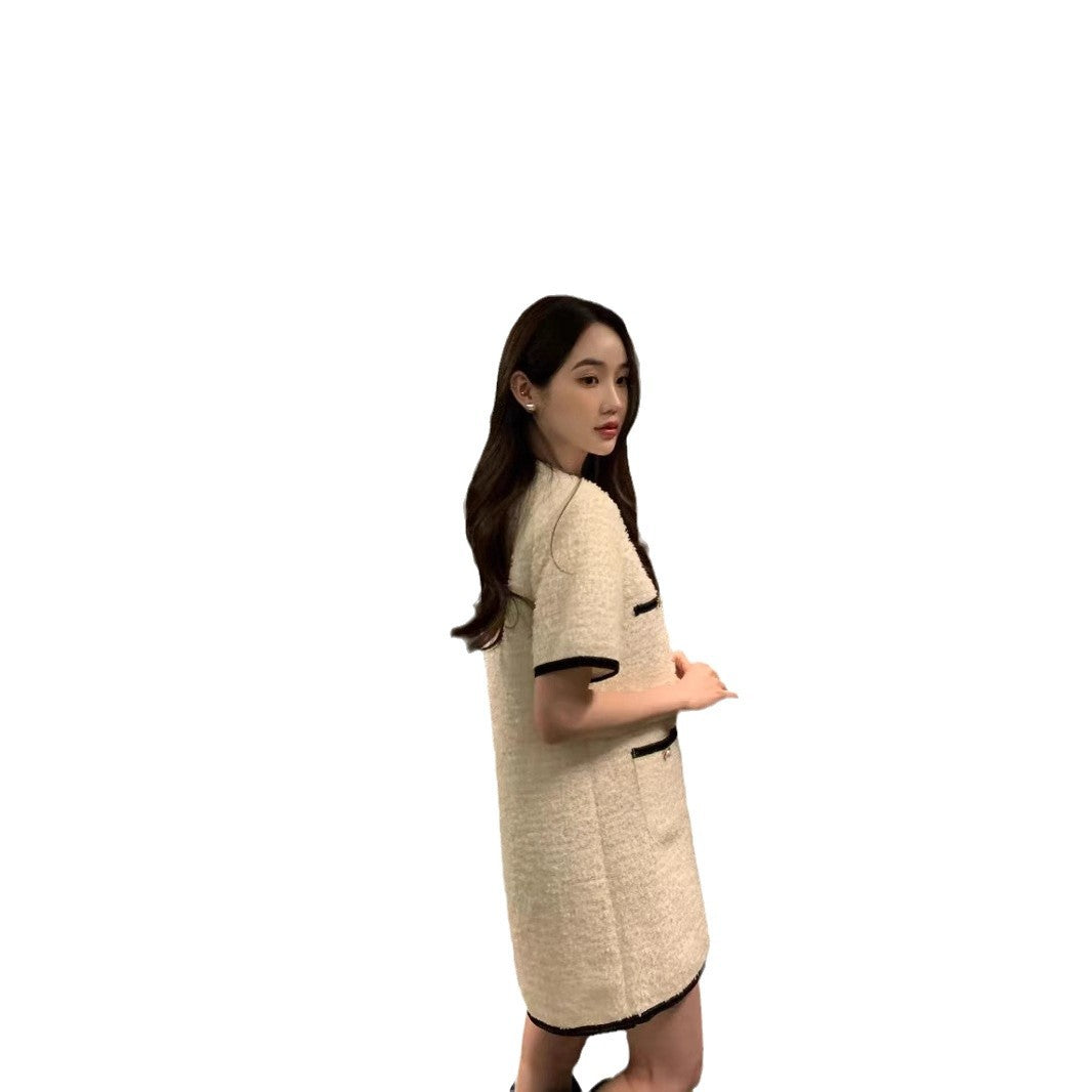 Contrast-color Patchwork Loose Casual Short-sleeve Tweed Dress