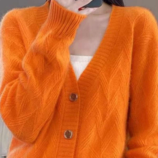 V-neck Long-sleeved Knitted Cardigan Simple And Loose-fitting Sweater Coat