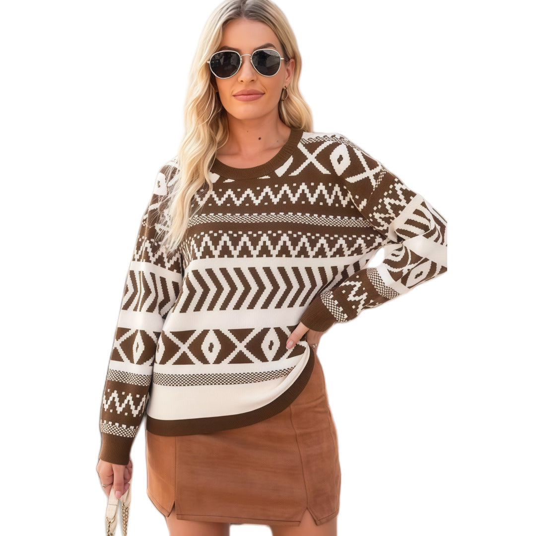 Intellectual Style Unique Long Sleeve Round Neck Knitted Sweater