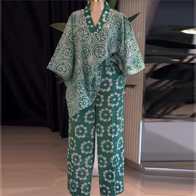 Sweet And Fresh V-Neck Batwing Sleeve High-Waist Straight-Leg Pants