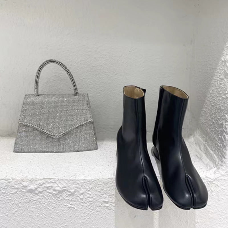 Split-toe Shoes Female Mid Heel Authentic Leather Chunky Heel Middle Boots