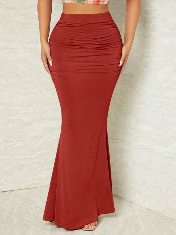 European And American Sexy Slim Hip Pleated Wide Hem Long Dress