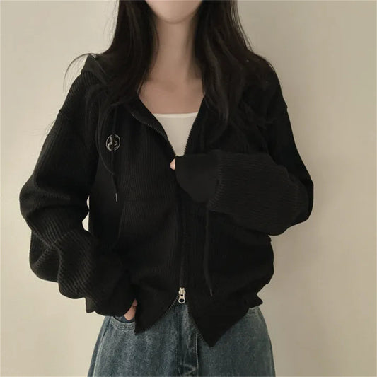 Korean Style Hooded Thin Waffle Sweater