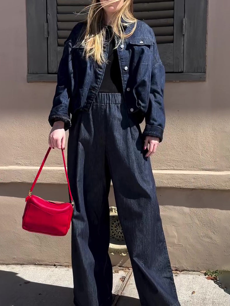 Mørk Denim Oversized Jakke og Buksesæt med Brede Ben
