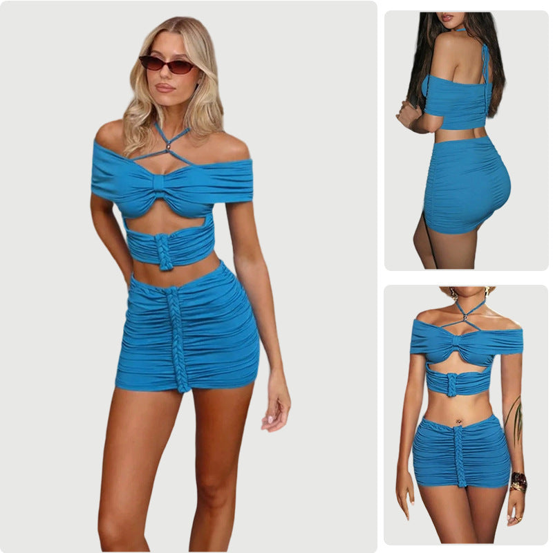 Figure-hugging Pleated Mini Skirt And Matching Three-piece Set