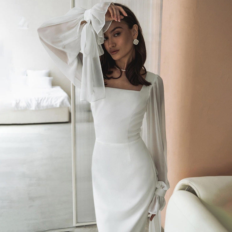 Square Collar Stitching Mesh Flared Sleeves Waist Slimming Fishtail Dress
