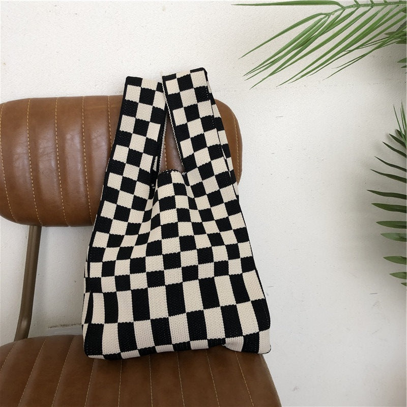 Checkerboard Wool Knit Woven One-shoulder Armpit Bag
