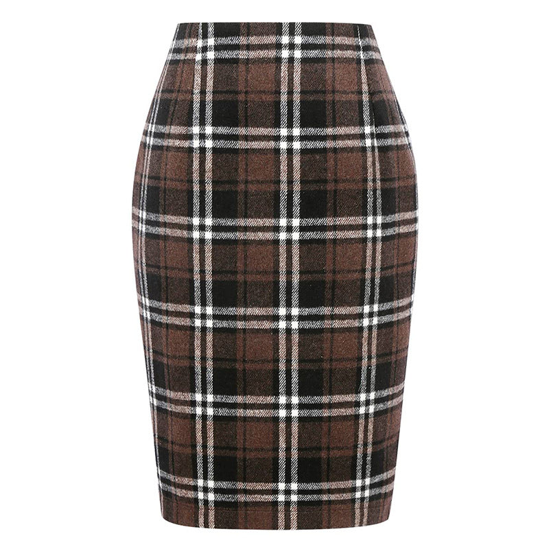 Pencil Plaid High-waist Tight Hip-hugging Midi Skirt
