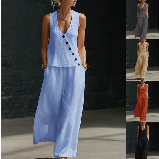 Sleeveless V-neck Button-up Top And Solid-color Pants Casual Set