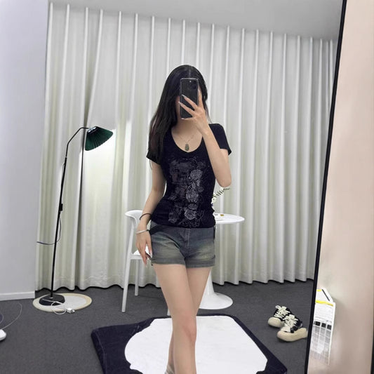 Elegant Retro Black Printed T-Shirt For Women