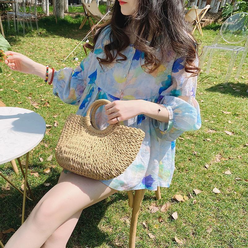 Doll-krave Top Sommer Nyhed Løstsiddende Vintage Bluse med Pufærmer