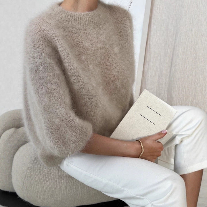Womens Casual Solid-color Loose-fitting Cozy Plush Long-sleeve Sweater