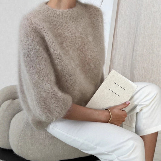 Womens Casual Solid-color Loose-fitting Cozy Plush Long-sleeve Sweater