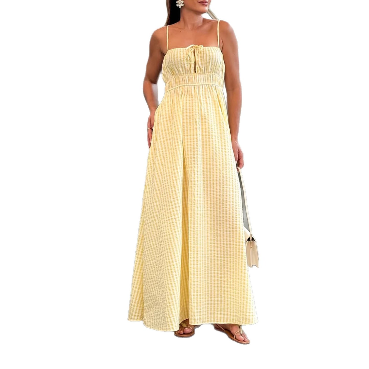 Womens Casual Resort Fit-and-Flare Backless Drawstring Slip Dress