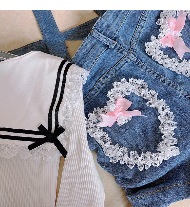 Lace Heart Bow Early Summer Denim Shorts