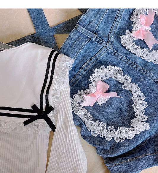 Lace Heart Bow Early Summer Denim Shorts