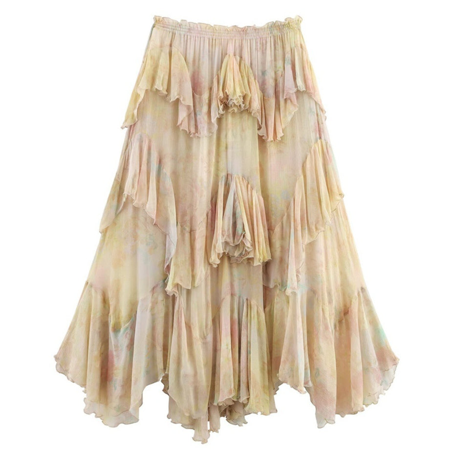 Womens Printed Layered-Design Long Skirt