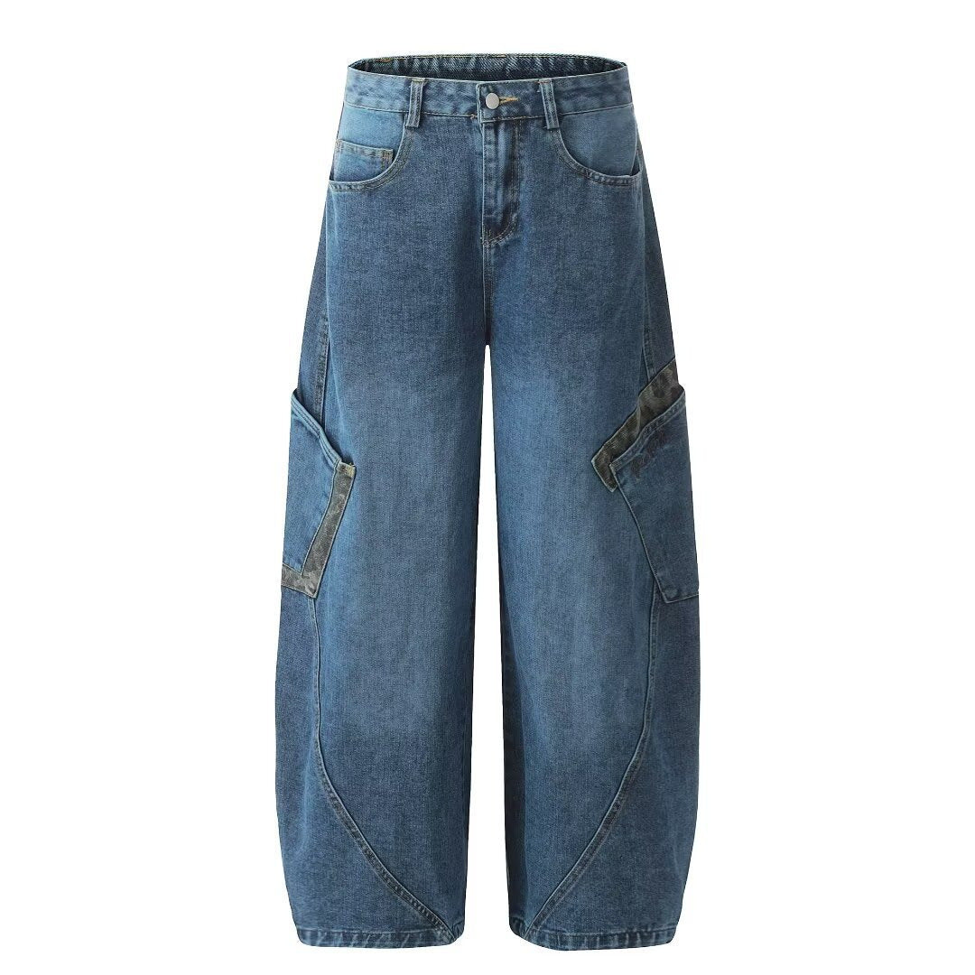 American Vintage Leopard Print Patchwork Large Pocket Cargo Jeans