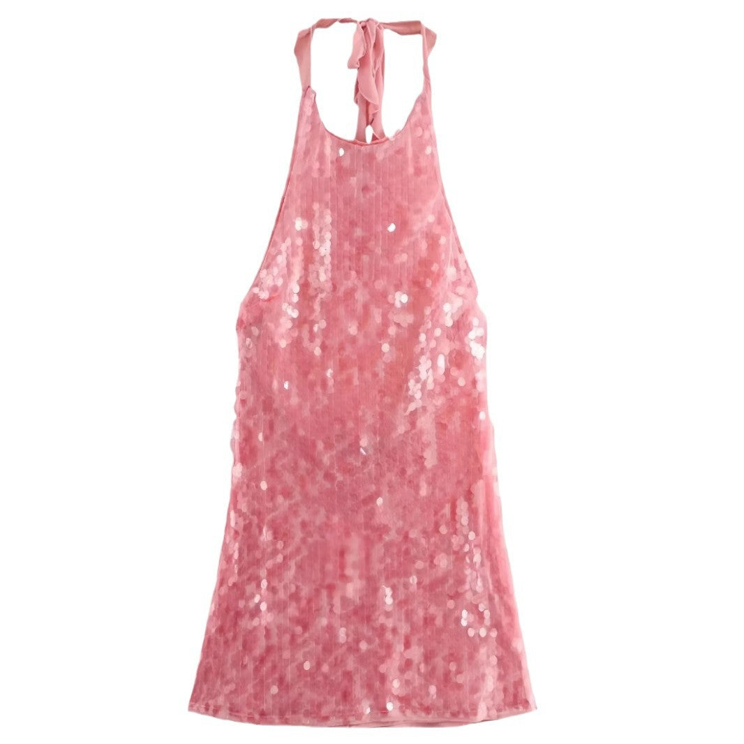 Sexy Beaded Halterneck Dress For Women Sleeveless With A Backless Design