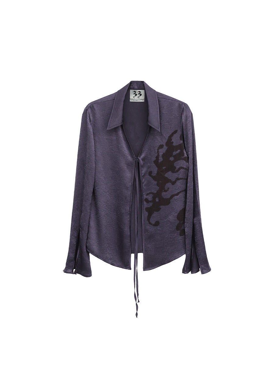 Pleated Satin Abstract Printing Vintage Lace-up Purple Shirt