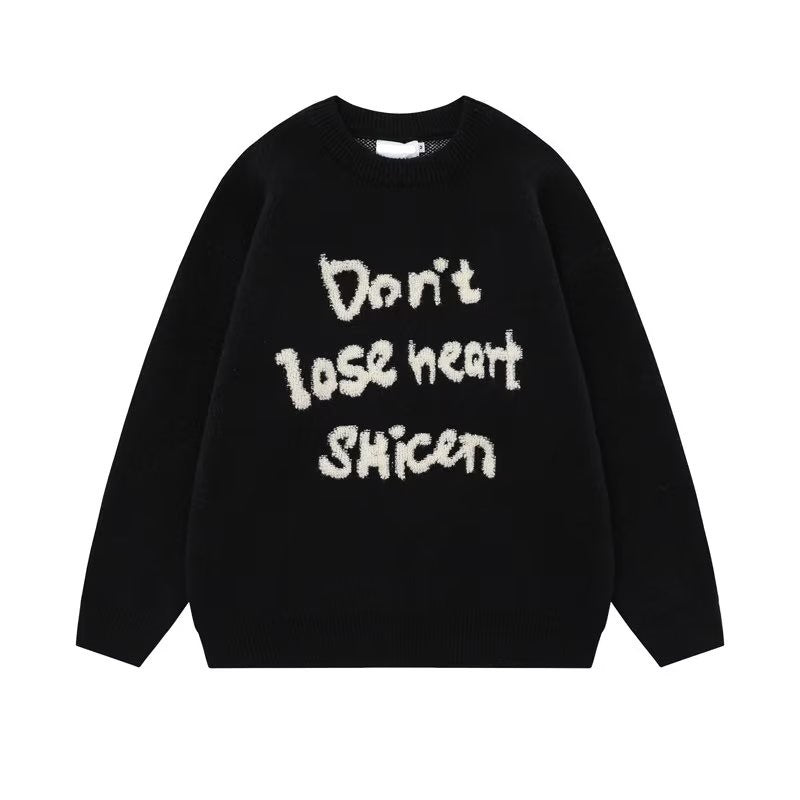 American Retro Design Letter Jacquard Round Neck Sweater For Men And Women