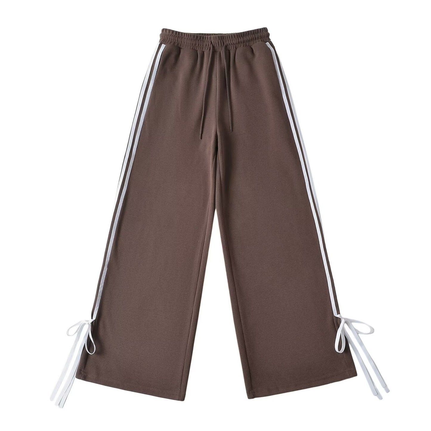 Side-striped Bow-tie-detailed High-waist Casual Loose Wide-leg Straight Pants