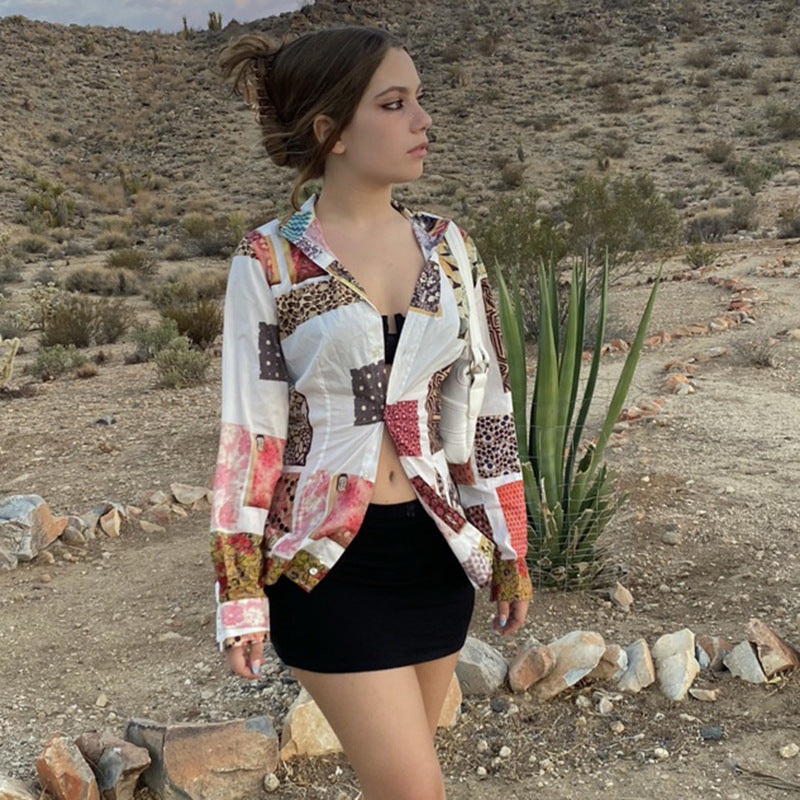 Women's Retro Contrasting Abstract Print Lapel Knitted Shirt