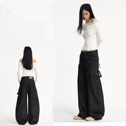 shaped Wide-leg Double-knee Raw Denim Workwear Jeans