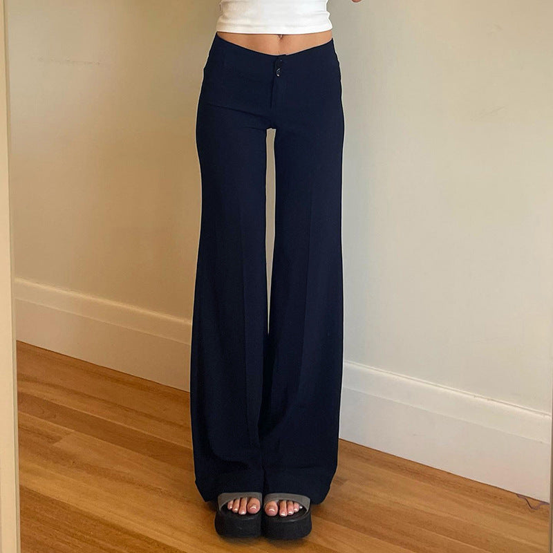 Solid Color High Waist Button Big Horn Loose Trousers Casual Pants