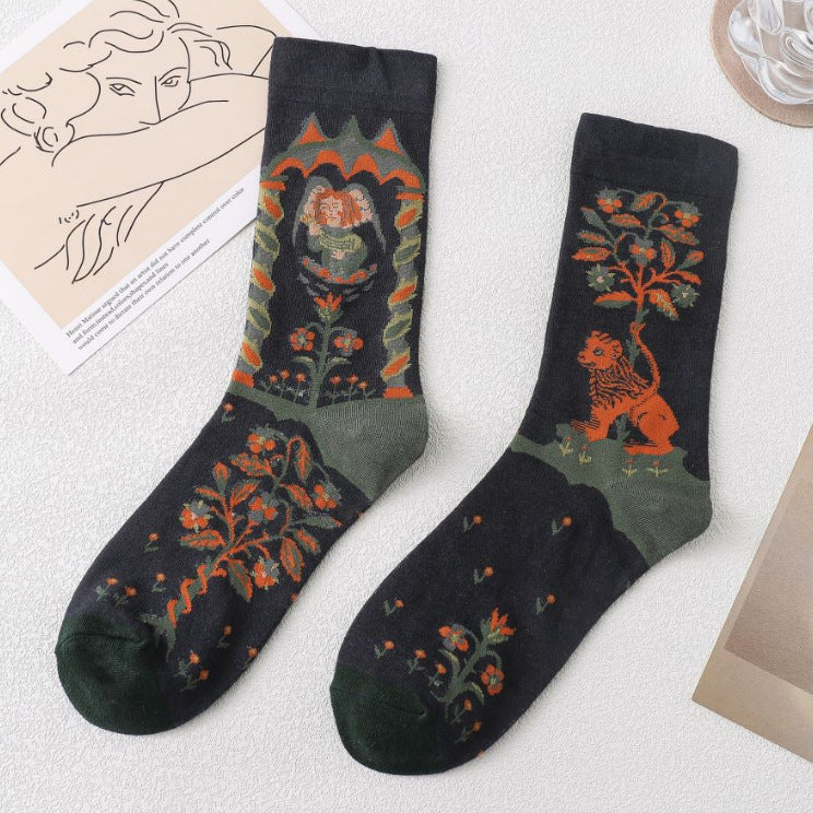 Trendy Mid-calf Length Socks Preppy Style Stockings Artistic Illustration Socks