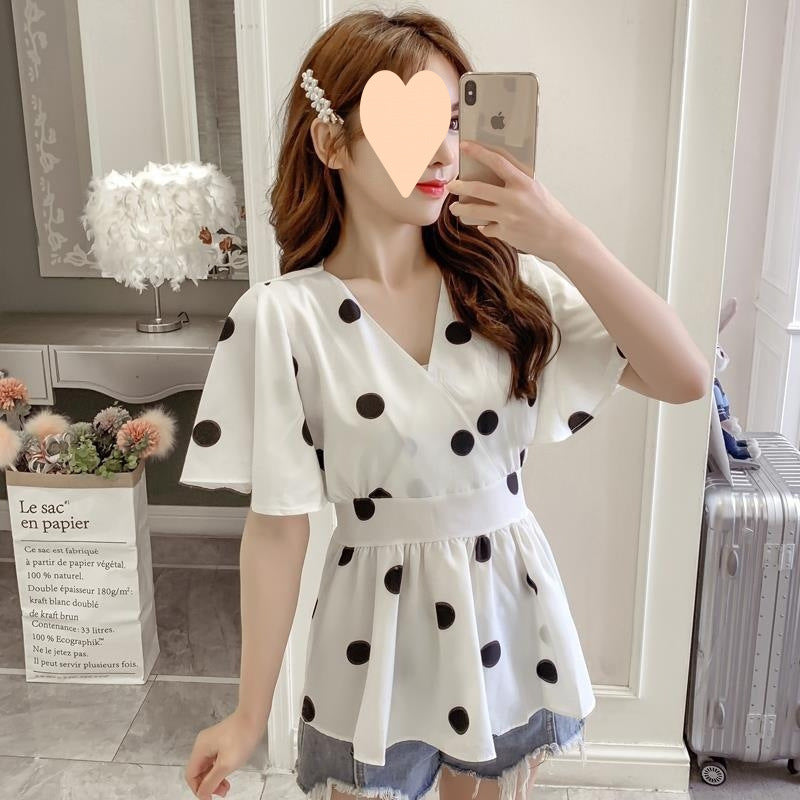 Women's Casual Polka Dot Graceful Collar Lace-up Waist Trimming Shirt