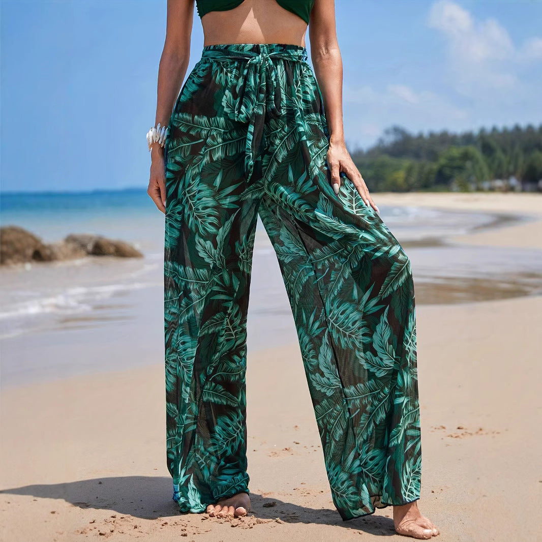 Straight-leg Pants Leaves Printed Elastic Waist Mesh Quick-drying Trousers