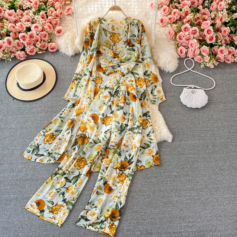 Mid-length Floral Chiffon Cardigan Three-piece Set Tube Top Short Type