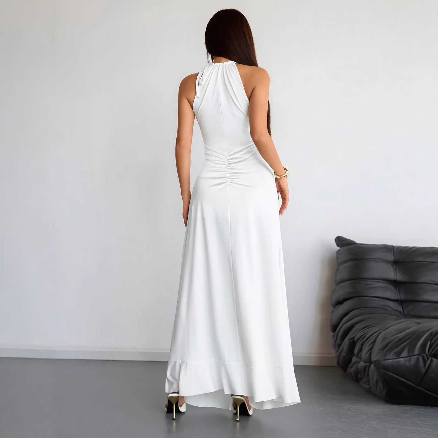 Slimming Pleated Solid-Color Womens Summer Dress