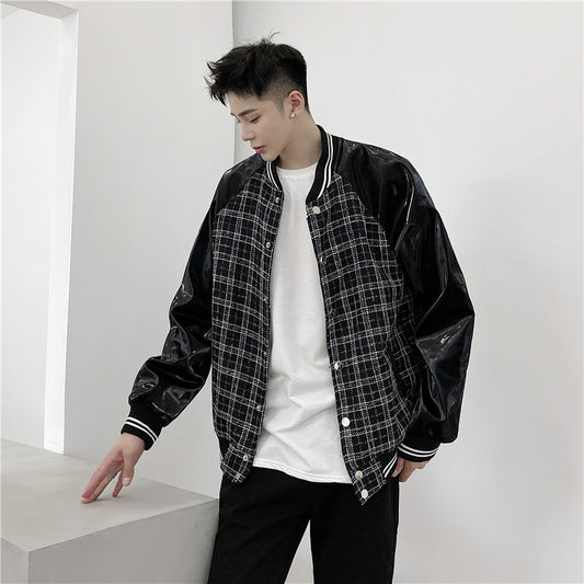 Loose Plus Size Leather Plaid Baseball Jacket