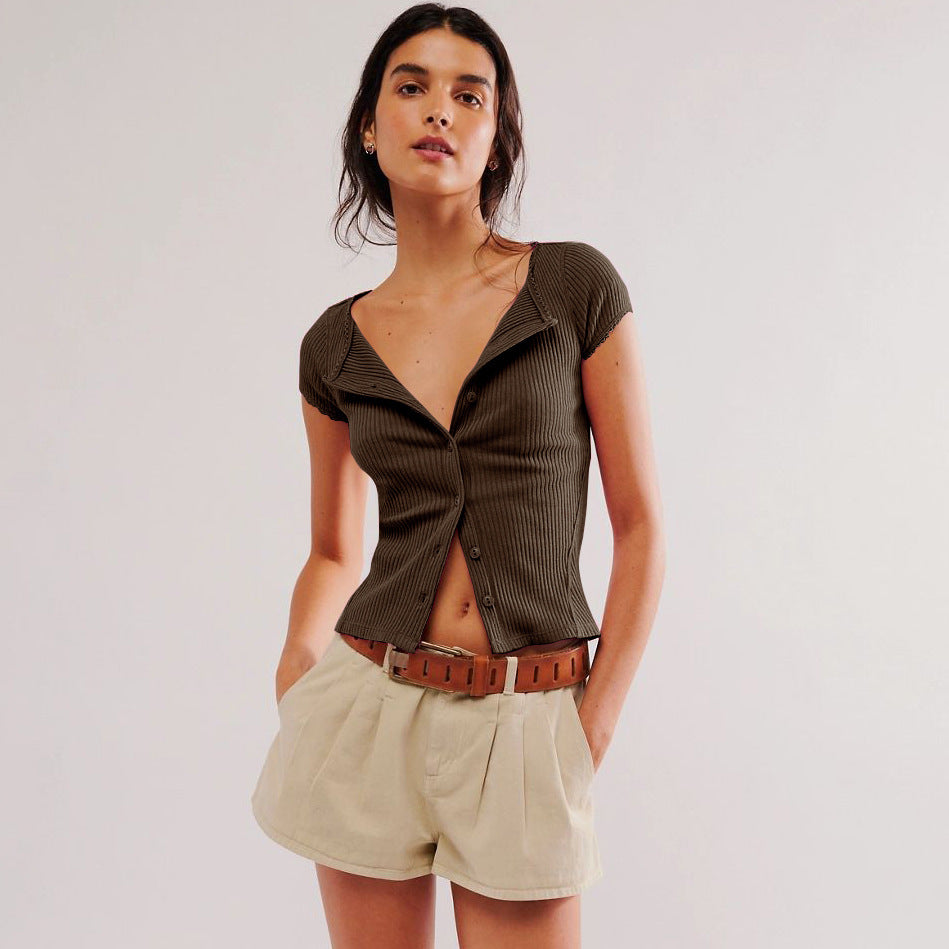 Buttoned Short-sleeve Ribbed Top T-shirt For Women