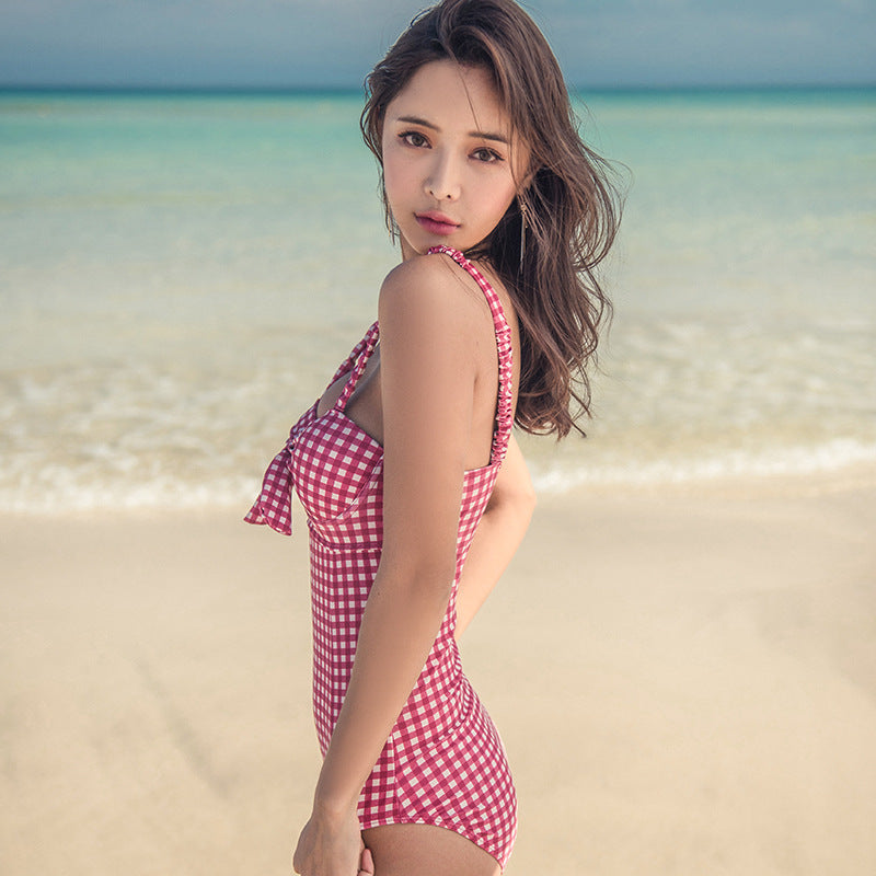 Women's Hot Spring Plaid Underwire Push Up Triangle One Piece Swimsuit