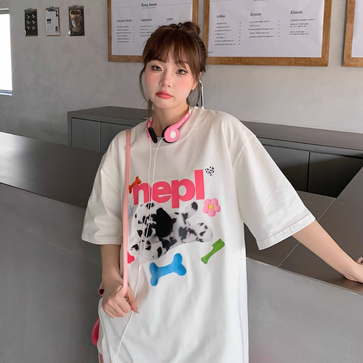 Trend Cartoon Vintage Spotted Dog Printed Short-sleeved T-shirt