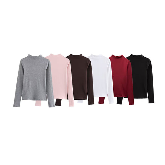 Nye efterårsdametøj mode alsidig simpel rullekrave T-shirt