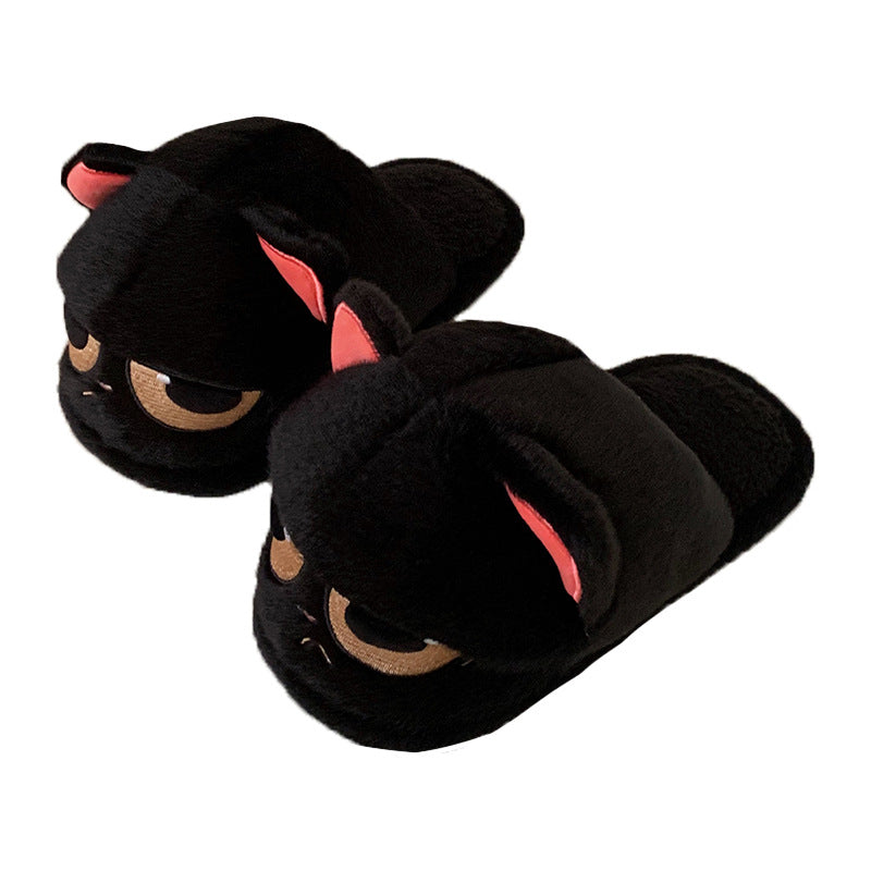 Cute Couple Angry Little Black Cat Fur Men And Women Thermal Cotton Slippers